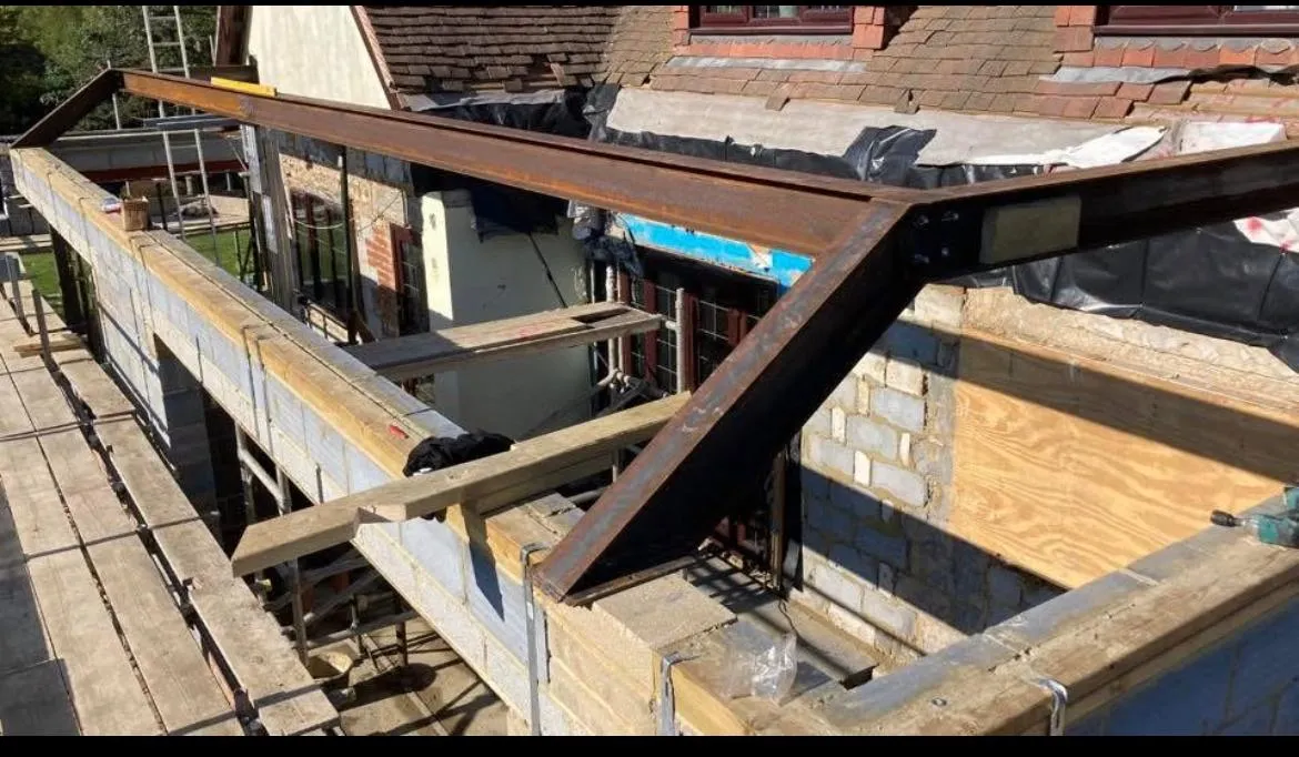 The roof of a house being built.
